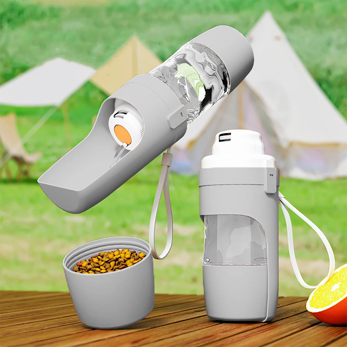 Gray pet travel water bottle with removable food container and carry strap